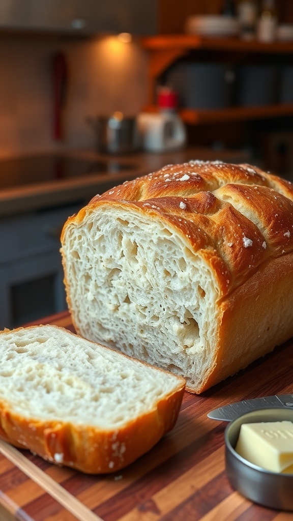 A golden brown homemade bread loaf sliced on a wooden board with butter.